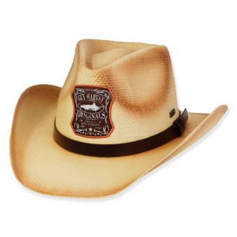 Three-quarter view of a toasted straw western hat featuring a Guy Harvey patch, dark leather band, and creased crown.