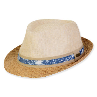 Three-quarter view of a mixed-material fedora with a cream crown, straw brim, and blue palm print fabric band detail.