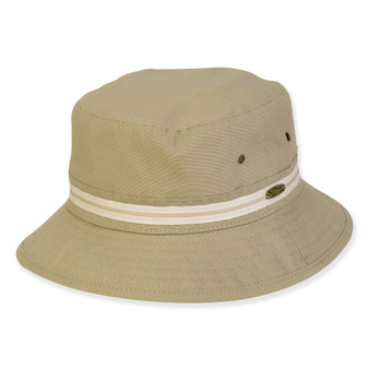 Three-quarter view of a stone fabric bucket hat featuring a striped ribbon band, ventilation eyelets, and an oval brand logo.