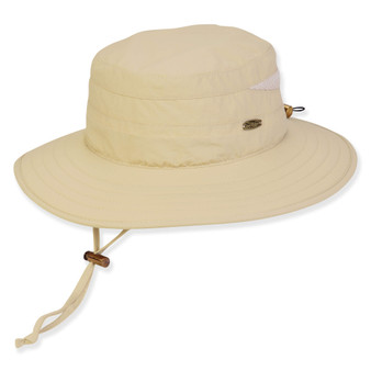 Three-quarter view of a stone fabric boonie hat featuring a solid crown, adjustable chin cord, and wood-tone toggle.