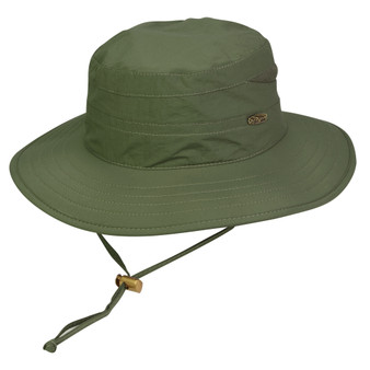 Three-quarter view of an olive green fabric boonie hat featuring a solid crown, adjustable chin cord, and metallic toggle.