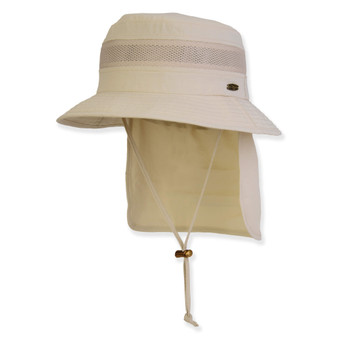 Three-quarter view of a cream fabric boonie hat featuring a mesh ventilation band, protective neck flap, chin cord, and toggle.