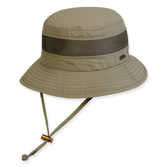 Three-quarter view of a khaki fabric boonie hat featuring a mesh ventilation band, adjustable chin cord, and metallic toggle.