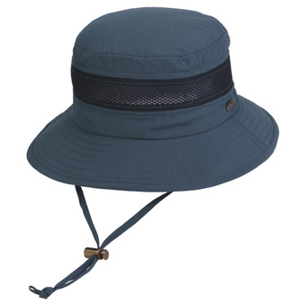 Three-quarter view of a navy blue fabric boonie hat featuring a mesh ventilation band, adjustable chin cord, and toggle.