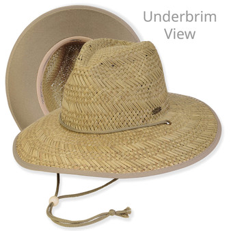 Three-quarter view and underbrim detail of a natural straw outback hat with tan binding, cord chin strap, and wooden toggle.