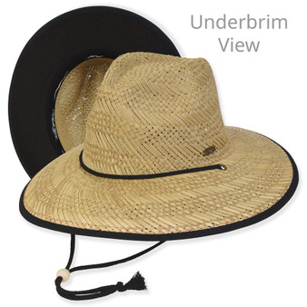 Three-quarter view and underbrim detail of a natural straw outback hat with black binding, cord chin strap, and wooden toggle.