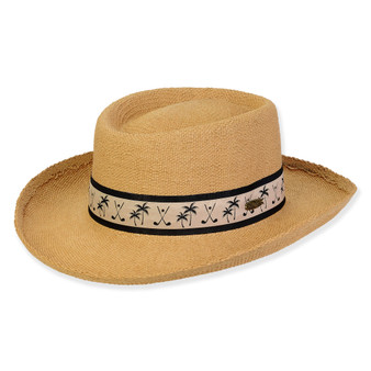 Three-quarter view of a tan straw gambler hat featuring a golf-themed ribbon band with palm trees and oval logo.