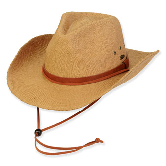 Three-quarter view of a tan straw western hat featuring a brown leather band, chin strap with toggle, and ventilation grommets.