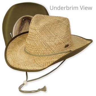 Three-quarter view and underbrim detail of a natural straw western hat with black binding, cord chin strap, and wooden toggle.