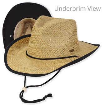 Three-quarter view and underbrim detail of a natural straw western hat with black binding, cord chin strap, and wooden toggle.