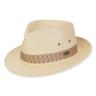 Three-quarter view of a cream straw fedora featuring a patterned woven band, side ventilation grommets, and oval metal logo