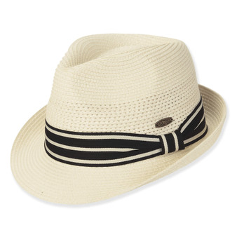 Three-quarter view of a cream perforated straw fedora featuring a navy and white striped ribbon band and oval metal logo.