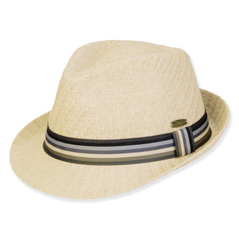 Three-quarter view of a cream linen fedora featuring a multi-tonal grey and blue striped ribbon band and oval metal logo.