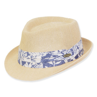 Three-quarter view of a cream straw fedora featuring a blue and white tropical floral print band and oval logo.