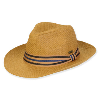 Three-quarter view of a brown straw fedora featuring a tan, navy, and black striped ribbon band and oval logo.