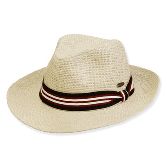 Three-quarter view of a cream straw fedora featuring a navy, red, and white striped ribbon band and oval logo.