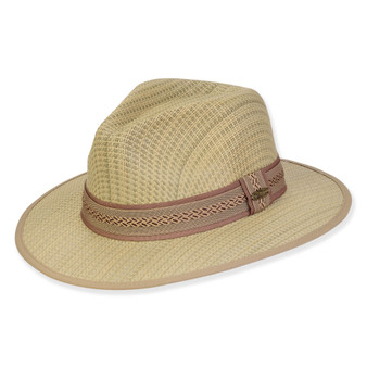 Three-quarter view of a tan straw fedora featuring a patterned mauve fabric band, bound brim edge, and oval metal logo.
