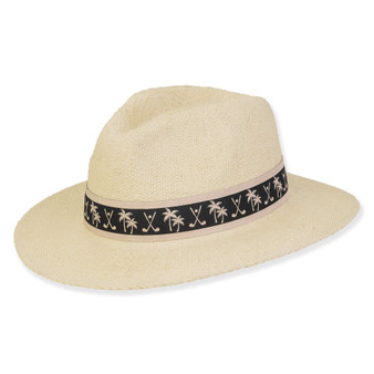 Three-quarter view of a cream straw fedora featuring a navy embroidered band with palm tree and golf club motifs.