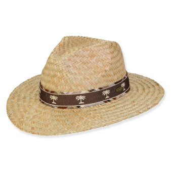 Three-quarter view of a natural seagrass fedora with a brown grosgrain band, palm tree embroidery, and metallic side logo hardware.