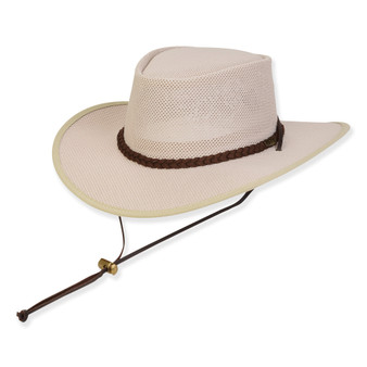 Three-quarter view of a cream safari hat featuring a braided brown band, fabric-bound brim, and adjustable toggle chin cord.