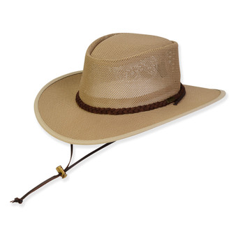 Three-quarter view of a tan mesh crown safari hat featuring a braided brown band, fabric-bound brim, and adjustable toggle chin cord.