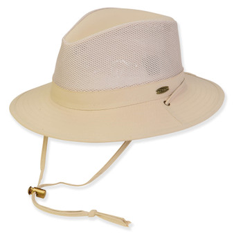 Three-quarter view of a cream mesh crown safari hat, solid brim, adjustable chin cord with gold toggle, and metal logo.