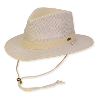 Three-quarter view of a cream mesh crown safari hat, fabric-bound brim, adjustable chin cord with toggle, and oval metal logo.