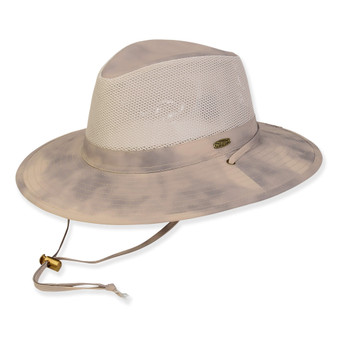 Three-quarter view of a cream mesh crown hat, tie-dye brim, chin cord with gold toggle, and metal side logo hardware.