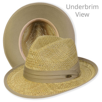 Underbrim view of a tan straw fedora featuring textured weave, teardrop crown, khaki fabric band with oval hardware, and smooth fabric-bound edge.