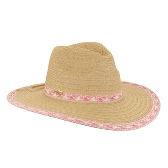 Sea Coral paper braid safari hat tight woven texture wide rounded brim crown pink trim band front three quarter view