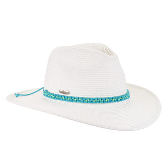 Blue Banded paper-braid safari hat tight woven texture rounded crown medium curved brim turquoise band metal buckle front three-quarter view