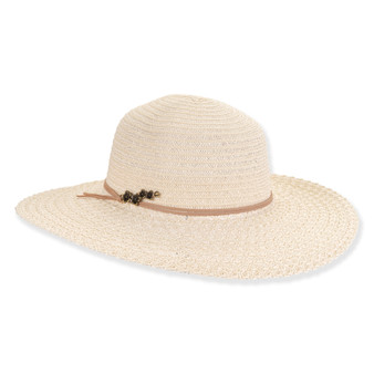 Wide-brim straw floppy hat, woven texture, floppy crown, adjustable leather chin strap with metal buckle, natural tan color, beach lifestyle