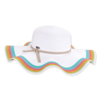 White wide-brim floppy sunhat, fine woven straw texture, floppy crown, colorful embroidered trim, hidden adjustable inner band, beach hammock lifestyle