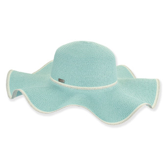 Front angled view of the Sun N Sand HH3432 women’s floppy hat in light blue, featuring wavy white trim brim and woven texture for sun protection.