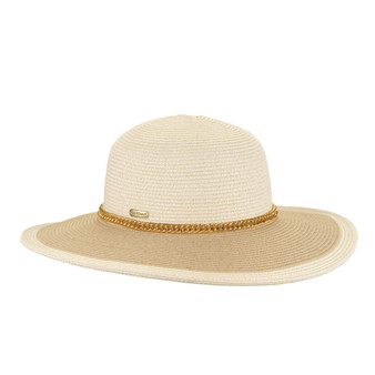 Light-brown wide-brim floppy hat, woven straw texture, subtle silver speck embellishments on brim, small metallic side tag, adjustable inner band.