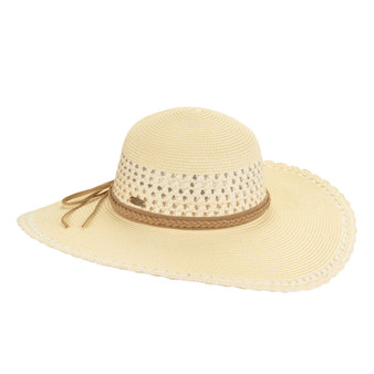 Front angled view of the Sun N Sand HH3443 women’s floppy hat in beige woven straw, featuring ventilated crown pattern and brown bow band for UPF sun protection.