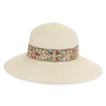 Front‑view beige woven bucket hat with wide brim, textured straw weave, vibrant embroidered floral band, sequins, and small metallic brand tag.