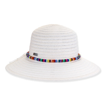 Front view white woven bucket hat with wide brim, textured straw weave, multicolor beaded band, rounded crown, and small metallic brand tag.