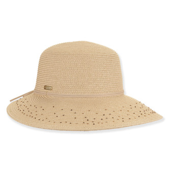 Front view beige woven tapered bucket hat with wide brim, textured straw crown, decorative band, scattered embellishments, and small metallic brand tag