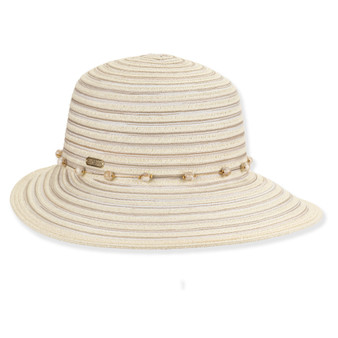 Front view beige woven tapered bucket hat with wide brim, horizontal striped texture, pearl accented band, rounded crown, and small metallic tag.