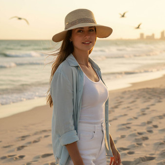Lifestyle portrait of the Sun N Sand HH3474 Women’s Tapered Bucket Hat in natural-toned woven straw, featuring a decorative textured hatband and a down-sloping tapered brim for an adjustable fit and UPF 50+ sun protection.