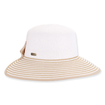 Three-quarter studio view of Sun N Sand HH3484 white ribbed backless sun hat featuring tan striped brim and metallic logo.