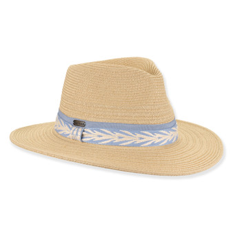 Three-quarter studio view of Sun N Sand HH3492 tan safari hat featuring blue embroidered leaf band and metallic brand hardware.
