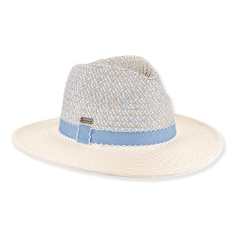 Three-quarter studio view of Sun N Sand HH3493 white safari hat featuring blue scalloped fabric band and textured woven crown.