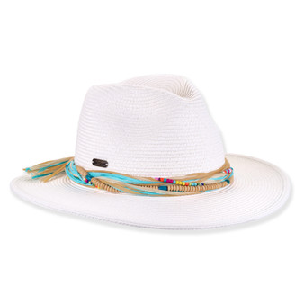 Three-quarter studio view of Sun N Sand HH3496 tan safari hat featuring a multi-textured braided band and metallic logo hardware.