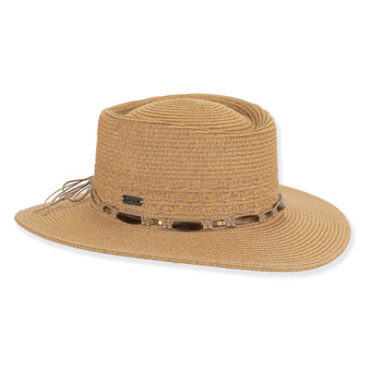 Three-quarter studio view of Sun N Sand HH3504 tan gambler hat featuring flat telescope crown, macramé band, and tiger-eye stone accents.