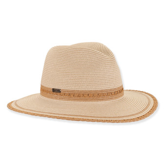 Three-quarter studio view of Sun N Sand HH3506 tan safari hat featuring a metallic gold chain band and matching hardware.