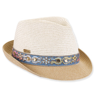 Three-quarter studio view of Sun N Sand HH3512 ivory fedora featuring a blue embroidered floral crown band and tan brim.