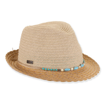 Three-quarter studio view of Sun N Sand HH3513 tan fedora featuring a turquoise beaded band and scalloped raffia straw brim