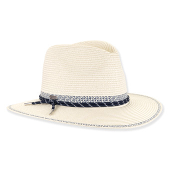 Three-quarter studio view of Sun N Sand HH3517 white fedora featuring a navy patterned cord band and metallic aglet hardware.